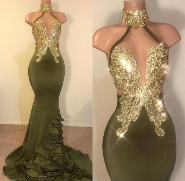 Designed Green Mermaid Prom Dresses Gold Appliques Ruffle Train Sexy Cutaway Sides Evening Party Gown BC0988