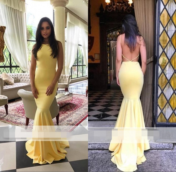 Sexy Open Back Yellow Mermaid Prom Dresses Jewel Neck Sleeveless Evening Party Dress Floor Length Formal Gown