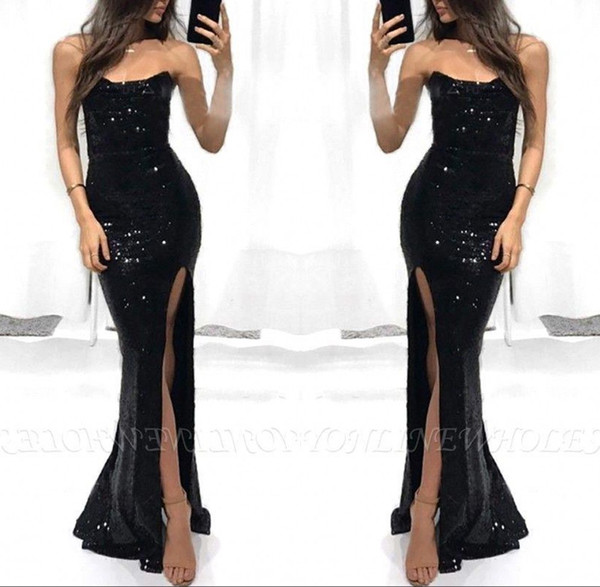 Black Sequined Mermaid Prom Dresses Sweetheart Neck Front Split Evening Party Dress Girls Formal Wear BC1790