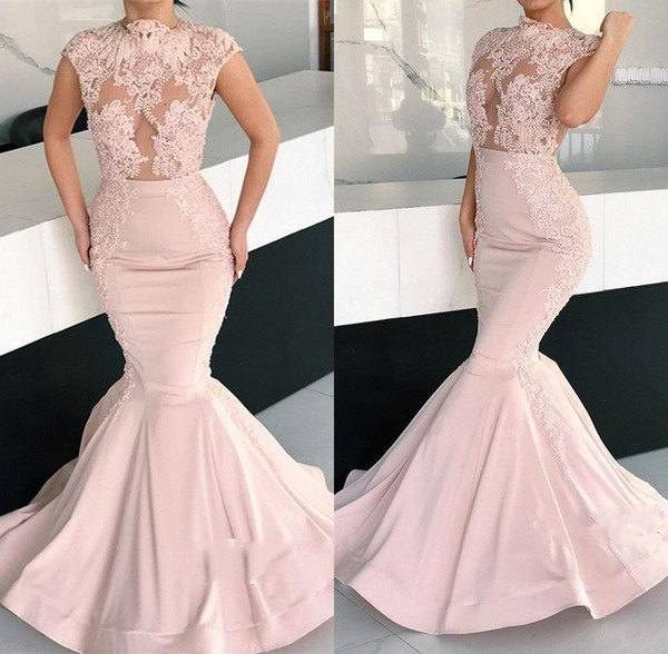 Sexy Blush Pink Mermaid Prom Dresses Beads Lace Appliques Sleeveless Evening Party Dress Formal Gown BC1725