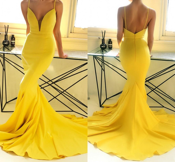 Yellow Cheap Mermaid Prom Dresses Long Spaghetti Straps Backless Sweep Train Formal Dress Evening Gowns Vestidos de fiesta largos