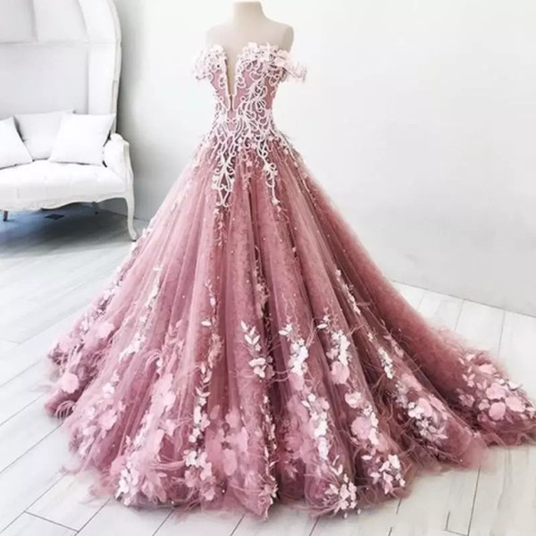 Sexy Charming Off The Shoulder Prom Dresses Flora Appliques A Line Evening Gowns Sweep Train Saudi Arabic Formal Party Vestidos