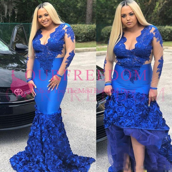 Royal Blue African Mermaid Prom Dresses Plus Size Sukienka Wieczorowa Lace Flowers Formal Women Evening Dresses Long Sleeve