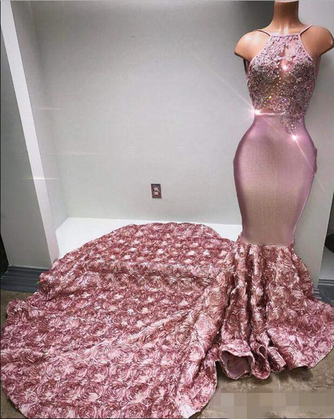 Luxury Rose Pink Mermaid Prom Dresses Halter Sexy Back Rose Flower Cascading Ruffles Evening Gowns Illusion Bodices Sequined Beading Wear