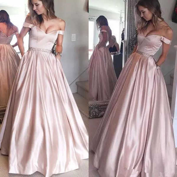 2017 Cheap Off the Shoulder Prom Dresses Beaded Satin Sleeveless Long Cocktail Dresses with Pockets Vestidos Floor Length Formal Party Gowns