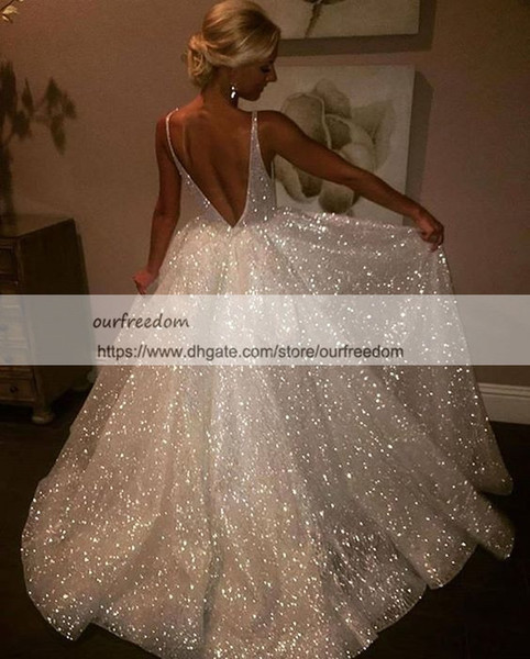 Charming Backless Elegant Prom Dresses Sparkly Sequins A Line Floor Length V Neck Formal Evening Occasion Dresses Custom Made