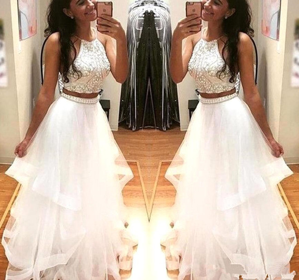 Two Pieces Prom Dresses white Sexy halter backless homecoming dress Fashion floor length beaded formal Evening Wear prom Party gowns