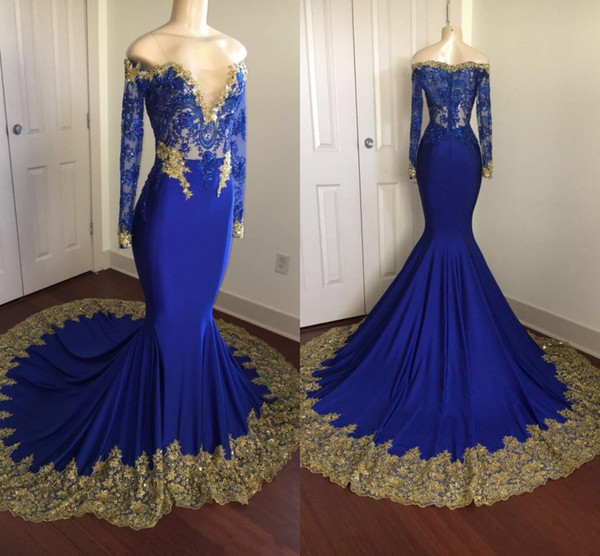 Royal Blue Prom Dresses Sheer Lace Gold Appliques Beading Mermaid Long Sleeves Graduation Dress Formal Evening Gowns