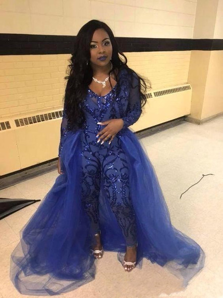 Royal Blue Jumpsuit Prom Dresses With Overskirts V Neck Long Sleeve Sequined Evening Gowns Plus Size African Pageant Pants Party Wear BC1134