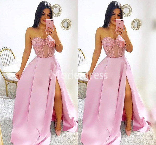 Lace Prom Dresses Pink Sweetheart Illusion High Side Split Train Evening Party Gowns Custom Made Cheap A-Line Special Occasion Dresses