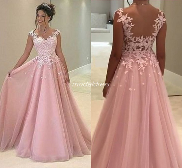 Illusion Bodice Pink Prom Dresses A Line Sheer Neck Appliques Beads Sweep Train Long Graduation Wear Arabic Evening Party Gowns