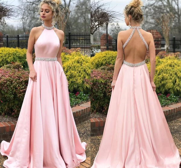 abiti da ballo Pink Prom Dresses Backless Sweep Train Long Crystal Beaded Formal Evening Party Gowns Special Occasion Dress