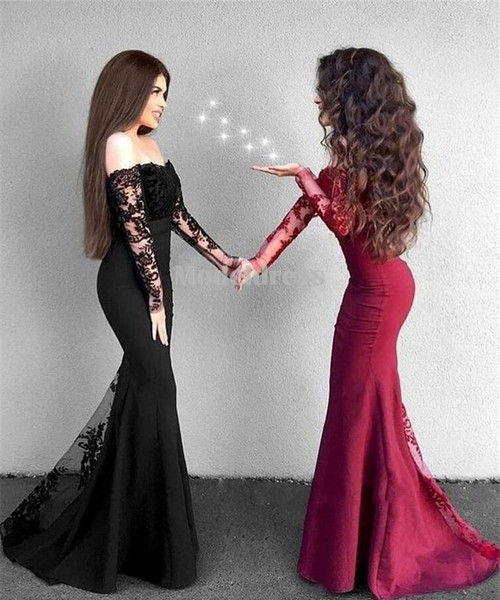 New Off Shoulder Prom Dresses Long Sleeves Appliques Lace Mermaid Long Black Red Evening Party Gowns Vestidos Cheap Customized