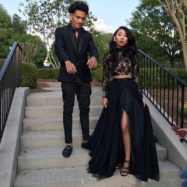 New Two Pieces Prom Dresses Lace African High Neck Long Sleeve Black Side Split Formal Evening Party Gowns Plus Size Custom Made Cheap