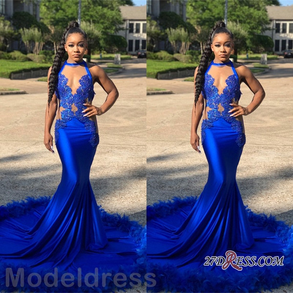 New African Mermaid Prom Dresses Illusion Neck Jewel Royal Blue Appliques Sweep Train Evening Party Gowns Custom Made Arabic Plus