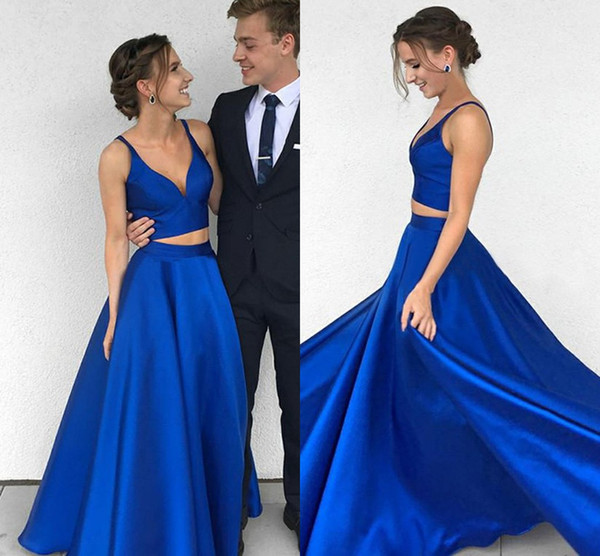 New Two Pieces Prom Dresses Spaghetti A Line Satin Long Royal Blue Black Evening Party Gowns Vestidos de fiesta Cheap Customized