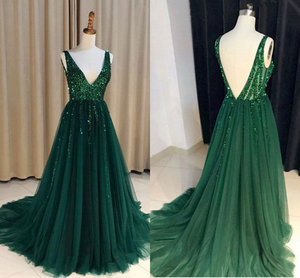 Dark Green Sexy Prom Dresses Deep V Neck Beads Backless Crystals A Line Long Real Photos Evening Party Gowns Vestidos De Fiesta