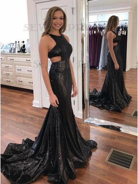 New Sexy Sequined Prom Dresses Jewel Open Back Mermaid Sweep Train Evening Party Pageant Gowns Vestidos De Fiesta Cheap Customized