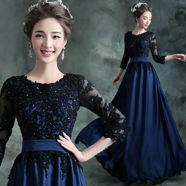 3/4 Long Sleeves Modest Prom Dresses Jewel Open Back Appliques Beads Long Dark Navy Green Evening Party Gowns Vestidos de fiesta