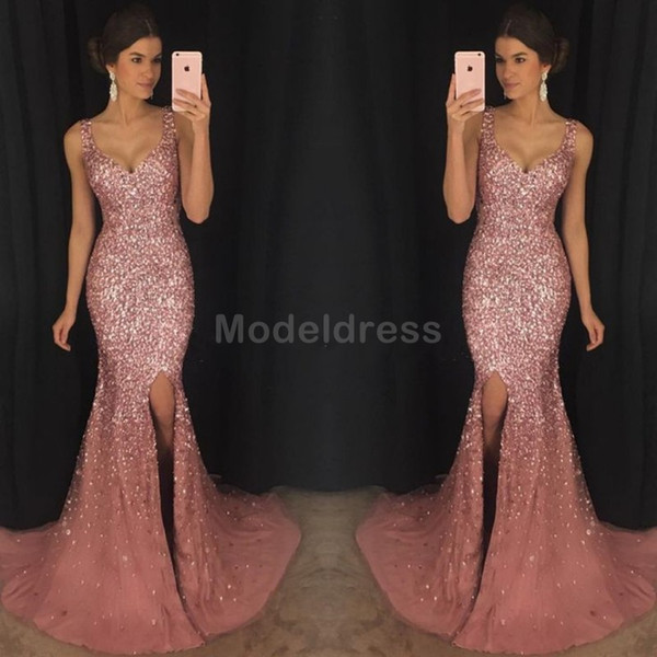 Charming Rose Gold Luxury Mermaid Prom Dresses Deep V-Neck Side Split Sweep Train Crystal Beaded Sexy Evening Party Gowns Customized