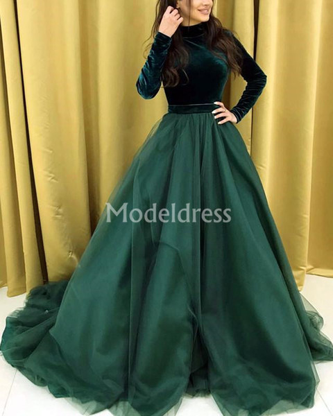 Simple Prom Dresses High Neck Long Sleeves Solid Train Elegant Formal Evening Party Gowns A-Line Special Occasion Dresses Cheap Vestido