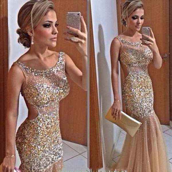 Glittering Crystal Champagne Prom Dresses Sexy Backless Sheer Neck Sparkle Gold Rhinestones Long Party Pageant Dresses Evening Gowns