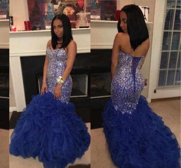 Luxury Plus size Prom Dresses Sweetheart Beaded Crystals Royal Blue Ruffles Organza Long Backless Formal Party Gowns Evening Dresses