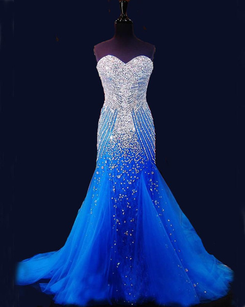 Royal Blue Mermaid Long Prom Dresses Pageant Women Sexy Sweetheart Vestido Luxury Beaded Crystal Vestidos De Gala Tulle Evening Dresses