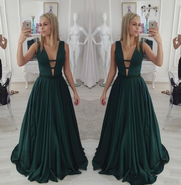 Sexy Deep V Neck Dark Green Prom Dresses Backless Long Satin Party Gowns With Beaded Waistline Vestidos De Fiesta HY4049