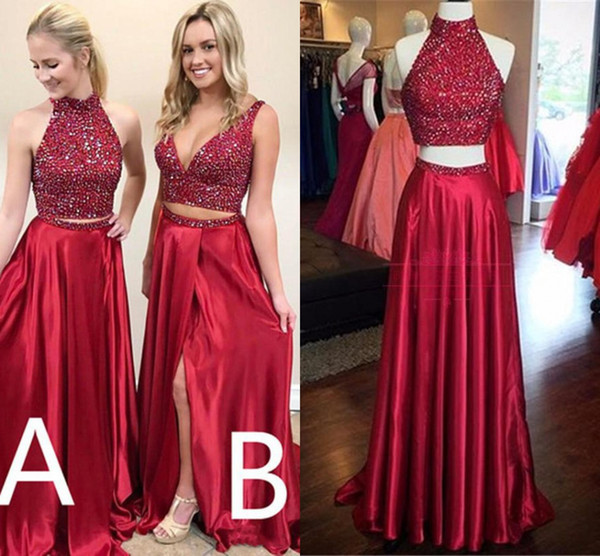 Shinning Two Pieces Prom Dress High Neck Crystal Beading Dark Red Hollow Back Side Split Evening Gowns Long Formal Cocktail Party Dress