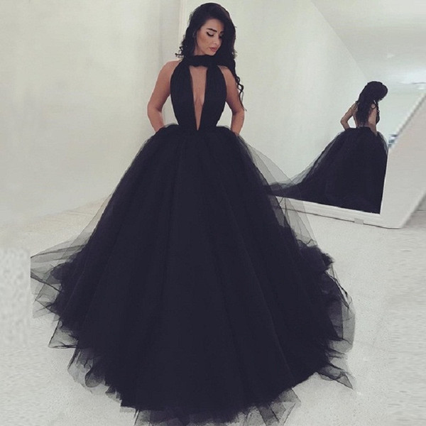 Sexy Sleeveless Back Out Prom Dresses Deep V-neck Backless Long Ball Gown Black Pageant Dresses Evening Gown HY1945