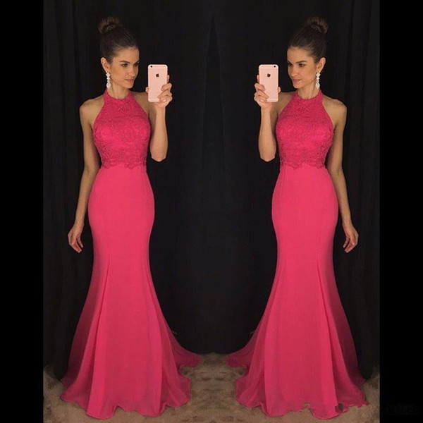 Fuchsia sleeveless prom dresses lace appliques top mermaid evening gowns woman formal party dresses backless