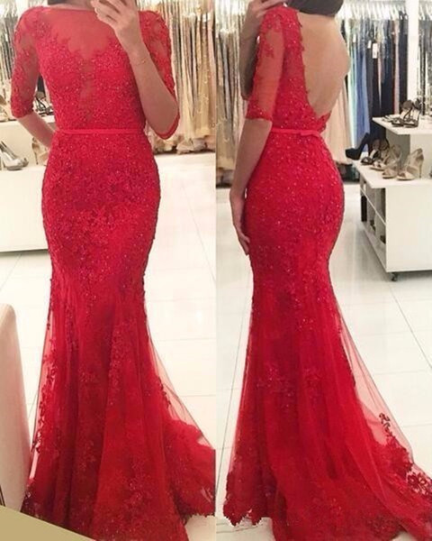 Half Sleeves Red Lace Mermaid Prom Dresses Sexy Sheer Jewel Neck Appliqued Sweep Train Lace Backless Evening Party Gowns