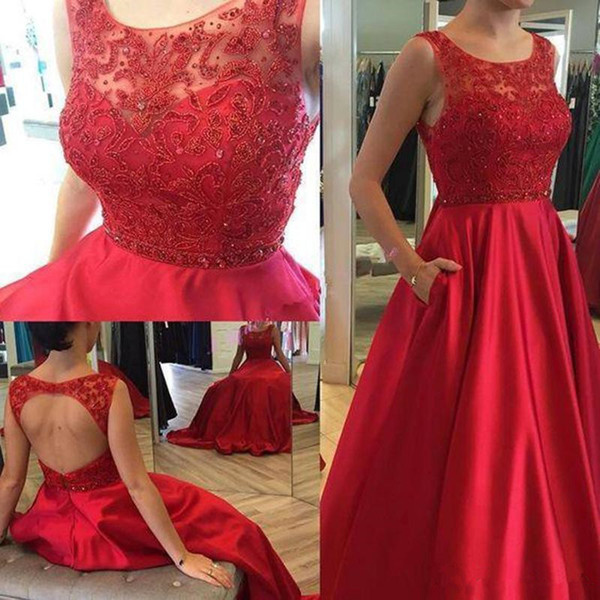 Red A-line Prom Dresses Jewel Sleeveless Sweep Train Satin with Crystals Applique Backless Sexy Evening Dresses Gowns