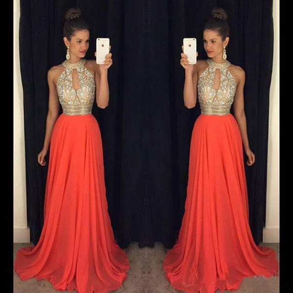 Chiffon with Crystal A-line Prom Dresses Jewel Sleeveless Zipper Sweep Train Beading Long Evening Dresses Custom Made