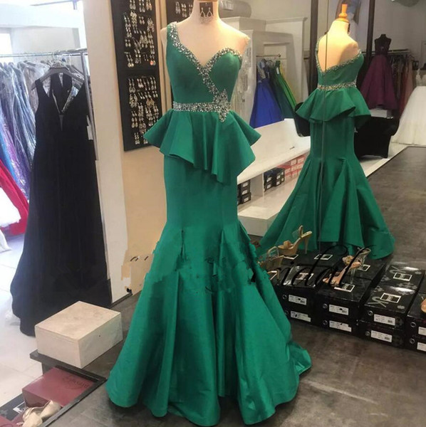 Hunter Green Prom Dresses Beading Peplum Crystal One Shoulder Mermaid Floor Length Satin Pageant Ball Gowns