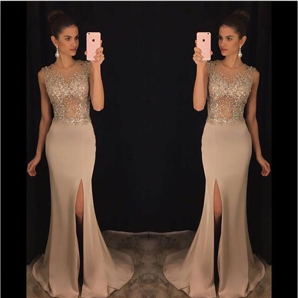 2017 New Split Side Prom Dresses Scoop Neck Beaded Evening Gowns Evening Prom Party Dresses Beading Crystals Mermaid Evening Dresses