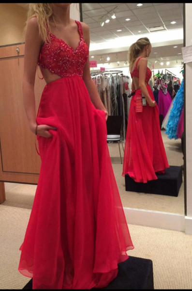 Red Chiffon Deep V-Neck Sleeveless Backless Prom Dresses 2017 Lace with Beaded Sweep Train Long Sexy Party Evening Dresses