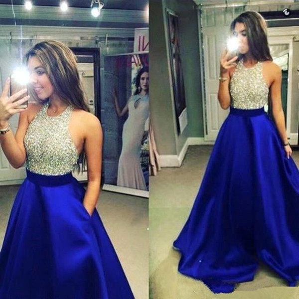 Crystal Prom Dresses 2017 Jewel Sleeveless Backless Off The Shoulder Sweep Train Chiffon with Pockets Sexy Beaded Formal Gowns Evening Dress