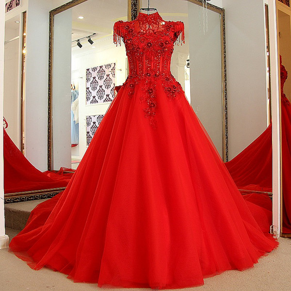 Red Party Gowns Designs Lace-Up Back Cap Sleeves High Neck A Line Sweep Train Beading Appliques Long Formal Evening Dresses Real Photos Prom