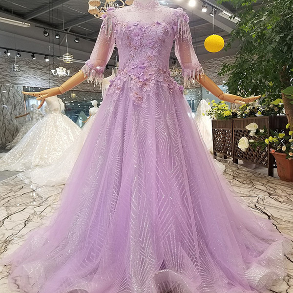 Princess High Neck Prom Dresses Tassel Tulle Half Sleeve Hand Made 3D Floral Applique Illusion Neckline Crystal Beaded Evening Gowns