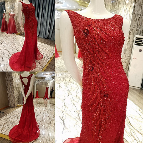 2022Luxury Red Party Dresses O-Neck Sleeveless Lace Up Back Mermaid Beading Crystals Bling Glitter Evening Dresses Long Real Photos Prom