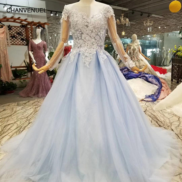 Latest Design Elegant Prom Dresses Long Tulle Sleeve Illusion Neckline Handmade 3D Floral Applique Crystal Pearl Backless Evening Gowns