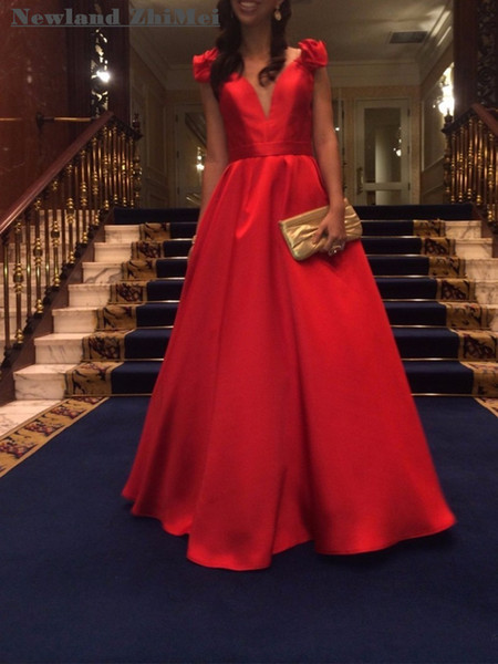 Simple Red A Line Prom Dress Hot V Neck Floor Length Satin Evening Party Gowns with Handmade Flowers 