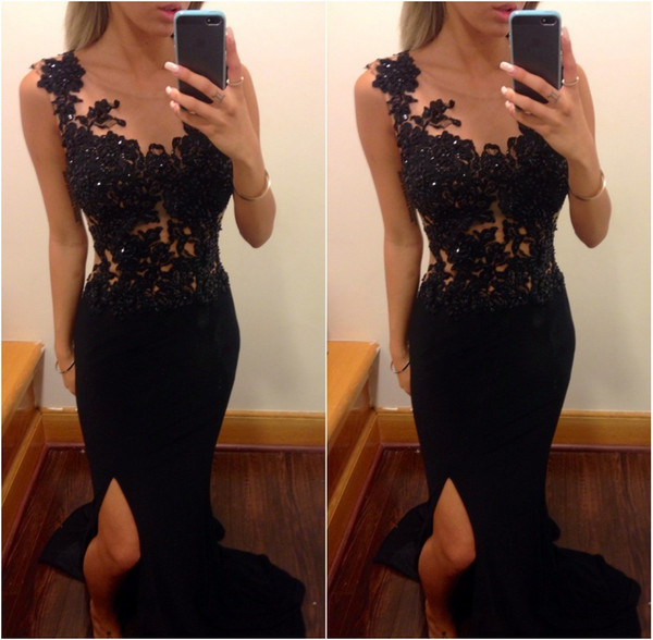 Black Prom Dress in Slit Sexy Appliqued and Sequined Party Gown Cash on Delivery Custom Made