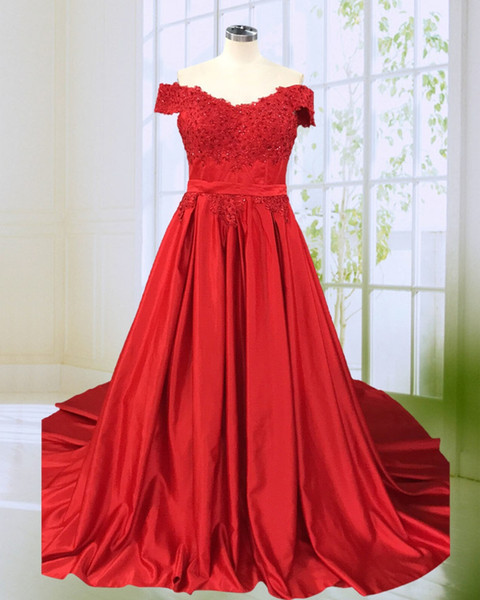 Hot Red Ball Gown Prom Night Dresses Charming Woman Off the Shoulder V Neck Beaded Applique Satin Dance Dress 