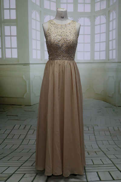 Champagne Long Prom Dress New Design O Neck Open Back Beaded Chiffon Formal Evening Gown Dresses Custom Made