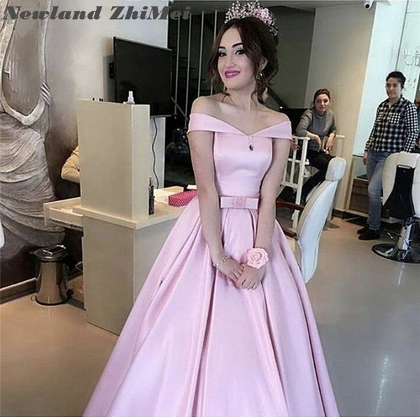 Light Pink Prom Dresses Custom Made Off Shoulder Floor Length Satin Formal Evening Dress with Bow