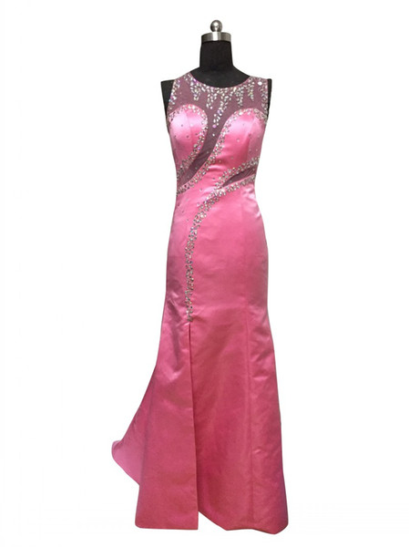 Hot Pink Mermaid Prom Dresses Sexy See Through Crystals Side Slit Satin Formal Gown Dress vestido de formatura