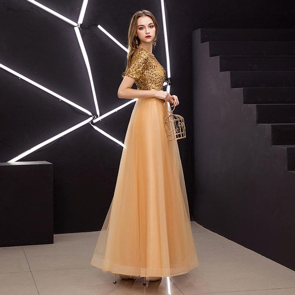 New arrival party dress evening dress Vestido de Festa A-line half sleeves prom gown long new style gold tulle sequins frock